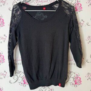EDC sweater lace details grey black Charcoal Knit Top embroidered logo